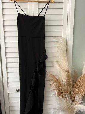 Elegant Black Spaghetti Strap Ruffle Maxi Dress